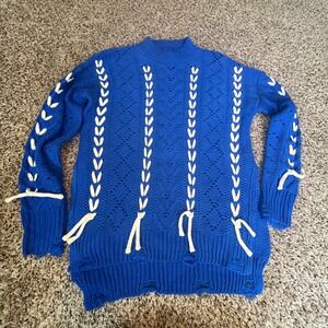 mod x Royal Blue Lace Up Distressed Knit Mock Neck Sweater